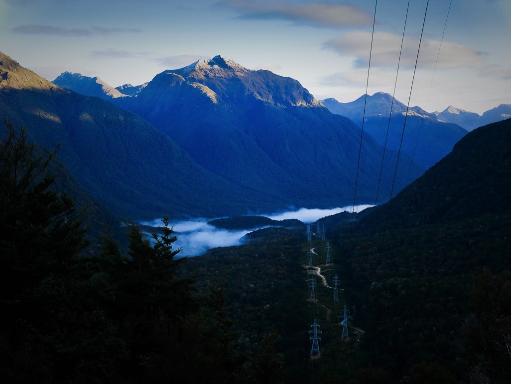 borland-5.jpg Dawn and power pylons Fiordland National Park